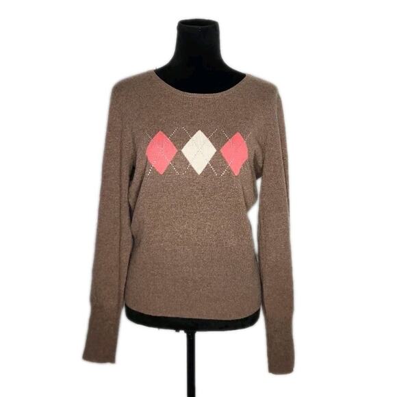 Peck & Peck Brown Pink Diamonds Argyle Studded 2-Ply 100% Cashmere Sweater Large - Picture 1 of 8